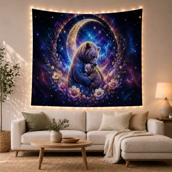 Bear and Cub Under Crescent Moon Galaxy, Whimsical Celestial Style for Wildlife Lovers, Mystical Animal Wall Art, Housewarming Gift Tapestry Wall Hanging for Bedroom and Living Room