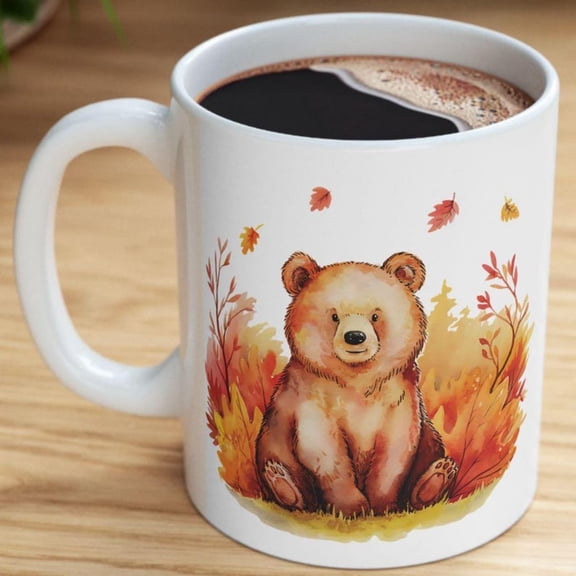 Bear Cub Mug, Fall Leaves Autumn Coffee Cup, Woodland Creatures Watercolor Gift.jpg