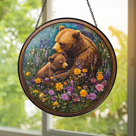 Bear Cub Stained Glass Suncatcher Window Hanging Mother Baby Bear Wildlife Rustic Cabin Decor Handmade Nature Gift
