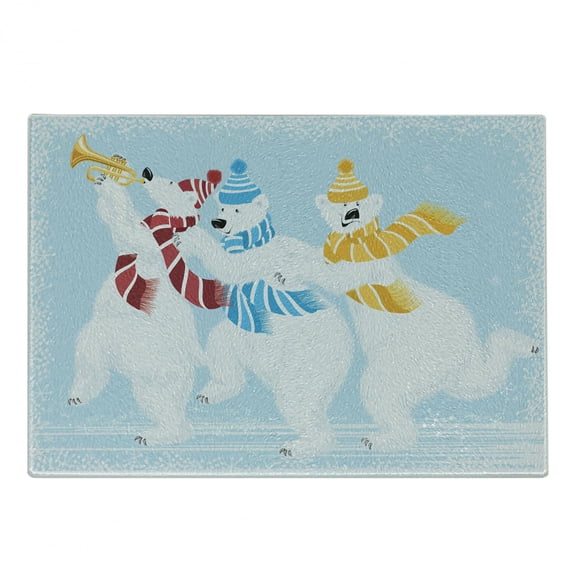 Bear Cutting Board, Christmas Time at North Pole Theme 3 Funny Characters Scarves and Trumpet, Decorative Tempered Glass Cutting and Serving Board, Small Size, Multicolor, by Ambesonne