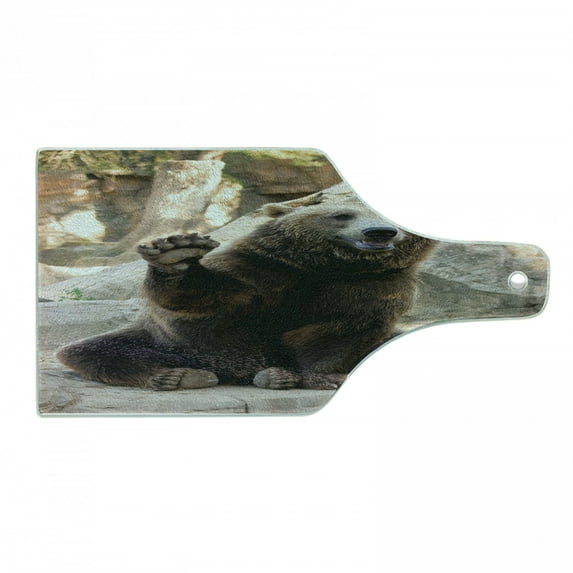 Bear Cutting Board, Friendly Animal Sitting and Waving a Paw in the Zoo Funny Wild Mammal Gesture, Decorative Tempered Glass Cutting and Serving Board, Wine Bottle Shape, Brown Beige, by Ambesonne