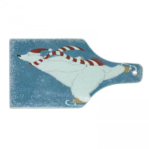 Bear Cutting Board, Polar Animal Christmas Hat and Scarf Ice Skating Ornamental Snowflakes and Swirls, Decorative Tempered Glass Cutting and Serving Board, Wine Bottle Shape, Blue White, by Ambesonne