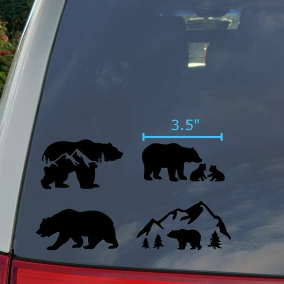 Bear Decal 4 Pack: Bear Mountain Silhouette, Momma Bear and Cubs, Walking, Mountain Bear Decals