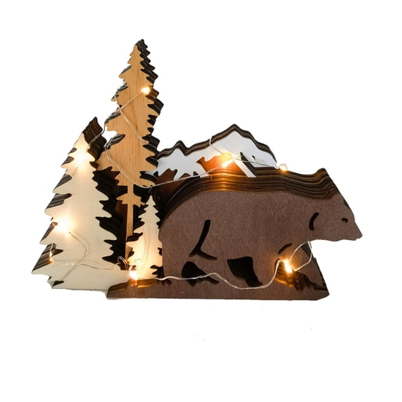 Bear Decor, Christmas Wooden Centerpiece Animal Table Decorations, 3D Multilayer Forest Wall Art Carved Bear Decor, Wooden Bear Decorations for Shelf Table Office,Glowing Bear Decor