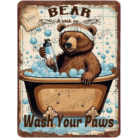Bear Decor Wash Your Paws Retro Aluminum Sign 12x16 IN Metal Tin Sign Funny Bathroom Wall Decor Bear Gifts Bear Wall Art for Kitchen French Farmhouse Wall Art Coffee Tin Bar Sign