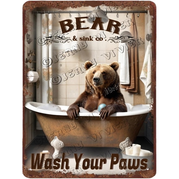 Bear Decor Wash Your Paws Retro Aluminum Sign 12x16 IN Metal Tin Sign Funny Bathroom Wall Decor Bear Gifts Bear Wall Art for Office French Country Wall Decor for Kitchen