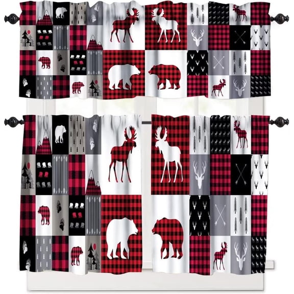 Bear Deer Buffalo Plaid Curtain Set, Vintage Buffalo Plaid Patchwork Deer Bear Paw Mountain Pine Tree Cottage Style Window Valances and Tier Set for Kitchen Living Room Café Décor