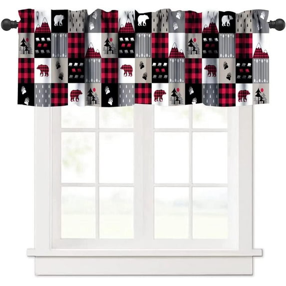 Bear Deer Buffalo Plaid Valance, Retro Rustic Buffalo Plaid Patchwork Deer Bear Paw Mountain Pine Tree Cottage Style Window Curtain Valance for Bedroom Kitchen Living Room, One Panel 54x18in