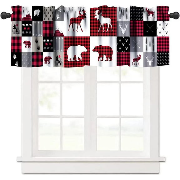 Bear Deer Buffalo Plaid Valance, Vintage Buffalo Plaid Patchwork Deer Bear Paw Mountain Pine Tree Cottage Style Window Curtain Valance for Bedroom Kitchen Living Room, One Panel 54x18in