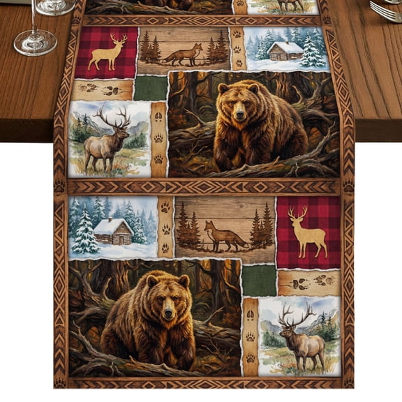 Bear Deer Burlap Cotton Table Runner 13x72 Inches Long, Country Retro Barn Wooden Grain Forest Scenery Farmhouse Table Runners, Outdoor Dining Table Decor for Baby Shower/Party/Wedding