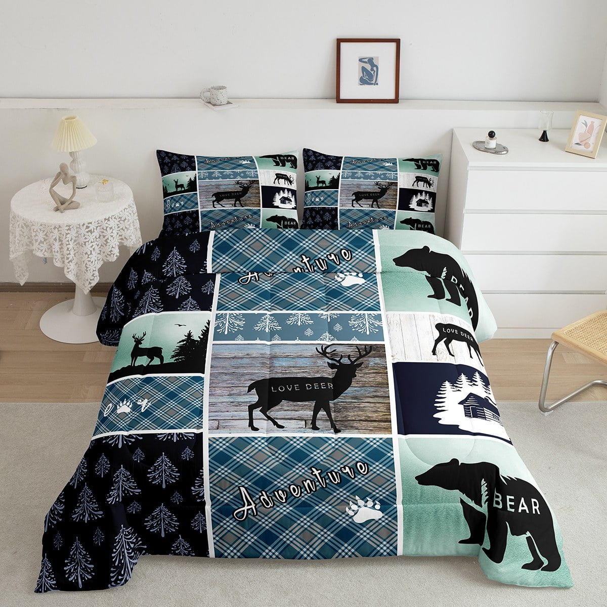 Bear Deer Comforter Set Full Size, Hunting Wild Animal Bedding Rustic Cabin Lodge Quilt