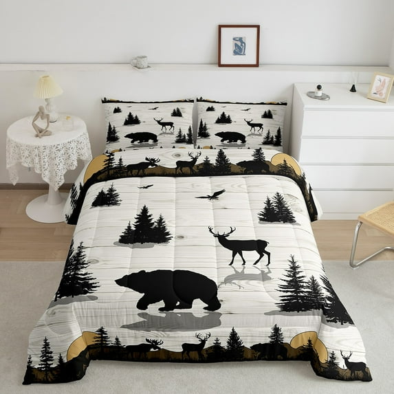 Bear Deer Comforter Set Full Rustic Jungle Pine Trees Bedding Set,Vintage Cottage Quilt Wood Board Woodland Wildlife Duvet Insert,Big Cat Wild Animal Reindeer Silhouette Farmhouse Decor