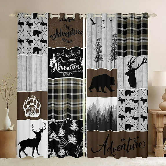 Bear Deer Curtains, Rustic Cabin Patchwork 30%-50% Blackout Curtains 38"Wx45"L 2 Panels, Buffalo Plaid Curtains & Drapes Farmhouse Cowboy Woodland Window Curtains Teens Adult Bedroom, Brown Gray