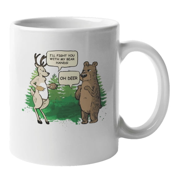 Bear & Deer Fight Animal Pun Coffee & Tea Mug & Home Kitchen Decor (11oz)