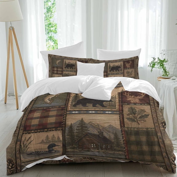 Bear Deer Fish Duck Bedding Duvet Cover Set California King Size 4 Pieces, Rustic Cabin Pine Tree Woodland Patchwork Bedding Set, 1 Comforter Cover 96x104 Inches 1 Flat Sheet & 2 Pillow Cases