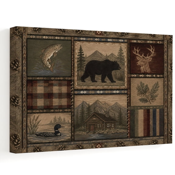 Bear Deer Fish Duck Canvas Wall Art, Rustic Cabin Pine Tree Woodland Patchwork Wall Art Prints Artwork Framed Canvas Ready to Hang Art Pictures for Bathroom, Dressing Table, Entryway 12" x 8"