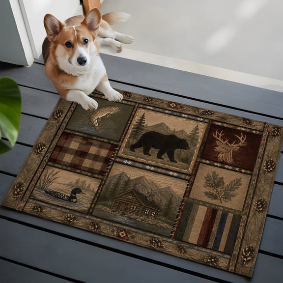 Bear Deer Fish Duck Front Door Rugs 2x3ft Rustic Cabin Pine Tree Woodland Patchwork Washable Rug, Non Slip Indoor Carpet Absorbent Floor Mat for Living Room Bedroom Dining Room