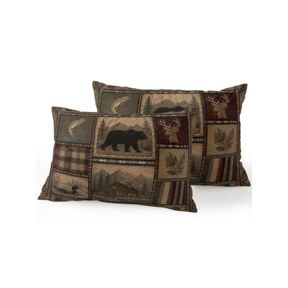 Bear Deer Fish Duck Outdoor Throw Pillows with Inserts Set of 2, 12"x20" Rustic Cabin Pine Tree Woodland Patchwork Waterproof Patio Pillows for Chair Back Support, Sofa & Bench