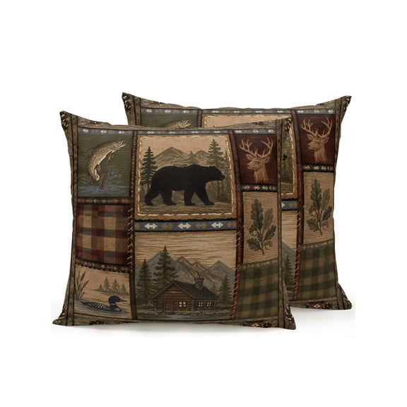 Bear Deer Fish Duck Outdoor Throw Pillows with Inserts Set of 2, 18"x18" Rustic Cabin Pine Tree Woodland Patchwork Waterproof Square Patio Pillows for Small Patio Chairs, Balcony, Couch