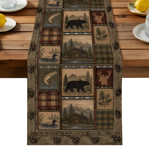 Bear Deer Fish Duck Table Runner, Rustic Cabin Pine Tree Woodland Patchwork Cotton Linen Kitchen Dining Table Runner Home Decor for Party Festival Holiday Decoration Gift 13x36in