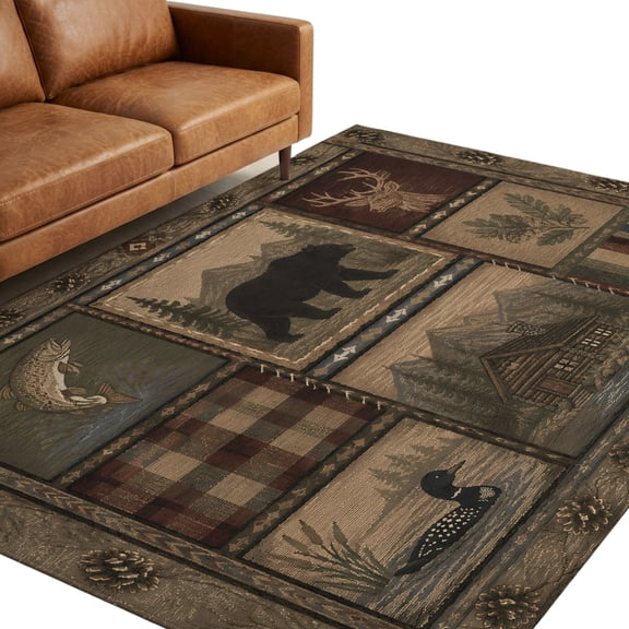 Bear Deer Fish Duck Washable Area Rug 5 x 8 ft Rustic Cabin Pine Tree Woodland Patchwork Soft Non‑Slip Rugs Stain Repellent Indoor Mats for Spacious Family Room, Long Dining‑Table, Sunroom