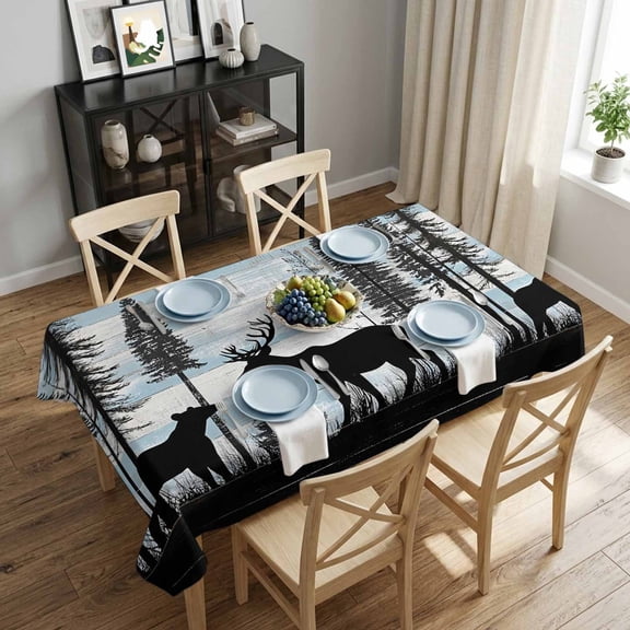 Bear Deer Forest Rectangle Tablecloth 52x70 Inch Animal Blue Wood Grain Waterproof Polyester Tablecloth for Dining Table, Washable Table Cover for Kitchen Dining Room Decoration,Stain Resistant