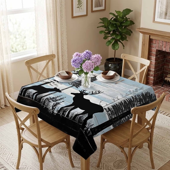 Bear Deer Forest Square Tablecloth 54x54 Inch Animal Blue Wood Grain Waterproof Polyester Tablecloth for Dining Table, Washable Table Cover for Kitchen Dining Room Wedding Decoration,Stain Resistant