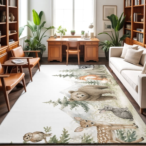 Bear Deer Fox Rabbit 4'x6' Rug for Dining Table for 4 People Under Table, Rustic Green Forest Animal Country Washable Non Slip Rectangle Area Rug
