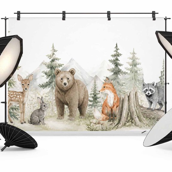 Bear Deer Fox Rabbit Backdrops for Photography, Rustic Green Forest Animal Pattern Country Fabric Photo Background Sturdy Studio Props for Photo Studio, Video Recording, Booth & Photoshoot 7x5ft