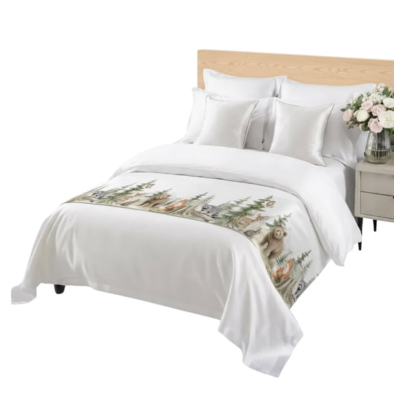 Bear Deer Fox Rabbit Bed Runner for Queen Size Bed, Rustic Green Forest Animal Country Soft Bedding Scarf Bedding Protector Slipcover Sofa Throw for Bedroom Hotel Guesthouse