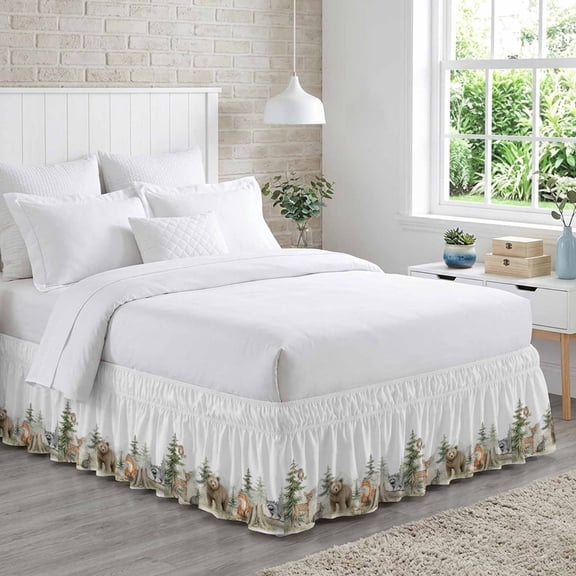 Bear Deer Fox Rabbit Bed Skirt King Size 16 Inch Drop, Rustic Green Forest Animal Country Adjustable Elastic Dust Ruffles Bedskirt for King Bed Wrap Around Pleated Mattress Frame Cover
