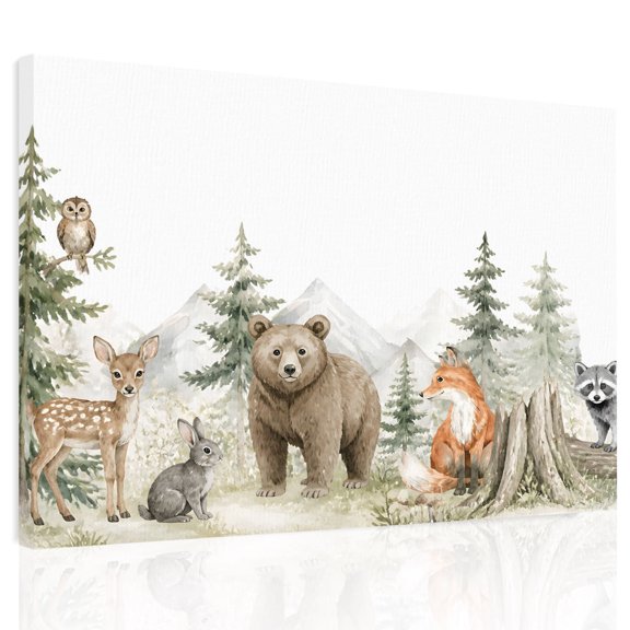 Bear Deer Fox Rabbit Canvas Print Wall Art, Rustic Green Forest Animal Country Wall Decor Modern Artwork Paintings Pictures for Living Room Framed and Stretched Ready to Hang 12" x 16"