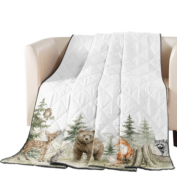 Bear Deer Fox Rabbit Quilted Comforters Cooling Blanket California King Size, Rustic Green Forest Animal Country Cold Comfort for Hot Sleepers Lightweight Air Conditioning Quilt Blanket for Bed