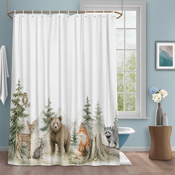 Bear Deer Fox Rabbit Shower Curtain Set with Hooks, Rustic Green Forest Animal Country Water Repellent Sturdy Shower Curtains for Bathroom Decoration, Machine Washable 36x72 Inch