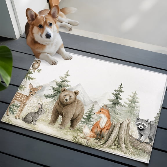 Bear Deer Fox Rabbit Washable Entry Rug 2x3 Rustic Green Forest Animal Country Low Pile Indoor Door Mat with Rubber Backing Thin Area Rug for for Entrance, Bedroom, Kitchen, Laundry, Bathroom