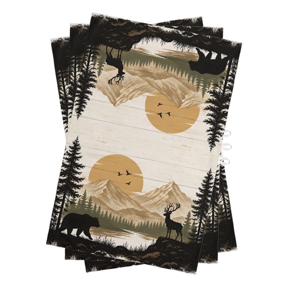 Bear Deer Kitchen Towels Dish Towel Pack of 3 Rustic Farmhouse Brown Wilderness Mountain Pine Tree Soft Dish Cloth Set Absorbent Dishcloth for Drying Dishes, Hand Towels 18 x 28 Inches