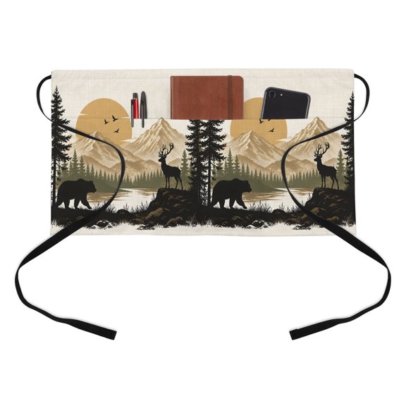 Bear Deer Mountain Kitchen Restaurant Half Waist Apron, Rustic Country Black Brown Pine Tree Sun Server Short Apron with 3 Pockets Waterproof Oil Waist Aprons for Women Waitress Waiter
