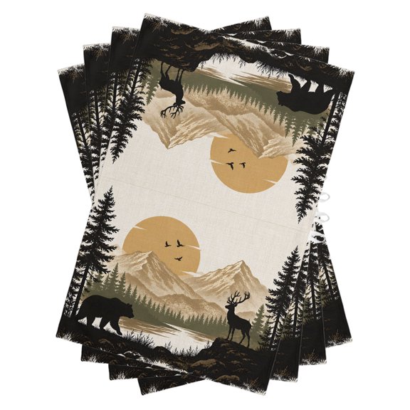Bear Deer Mountain Kitchen Towels Dish Towel Pack of 4 Rustic Country Black Brown Pine Tree Sun Soft Dish Cloth Set Absorbent Dishcloth for Drying Dishes, Hand Towels 18 x 28 Inches