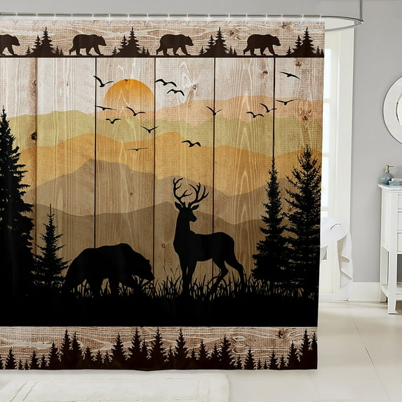 YST Bear Deer Shower Curtain 72.00"x72.00",Rustic Elk Moose Mountain,Bathroom Shower Curtain Sets for Teens Adults,Wood Plank Decorative Fabric Shower Curtain,Hunting Animals Pine Bath Curtain