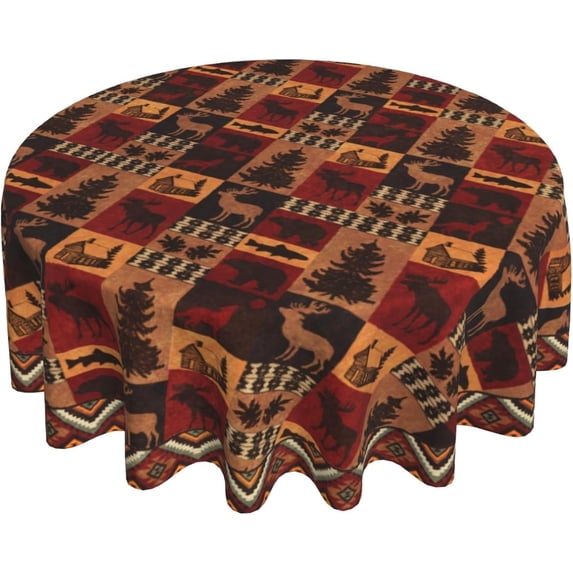 Bear Deer Tablecloth Round 60" Rustic Vintage Wildlife Elk Moose Cabin Lodge Forest Animal Tree Farmhouse Country Style Circular Table Cloth Cover for Dining Kitchen Party Picnic Decor