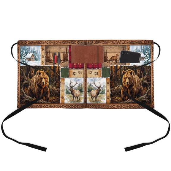Bear Deer Waitress Apron with 3 Pockets, Country Retro Barn Wooden Grain Forest Scenery Server Aprons Waterproof Kitchen Restaurant Half Waist Apron for Men Women