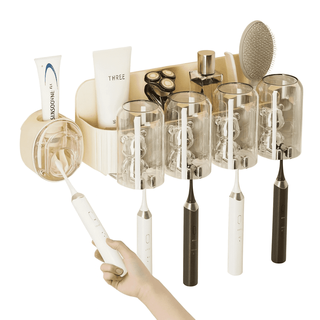 Bear Design Toothbrush Holder with Toothpaste Dispenser  Wall Mounted No-Drill Bathroom Organizer with Inverted Cups & Large Capacity Storage for Toothbrushes, Razors & Accessories