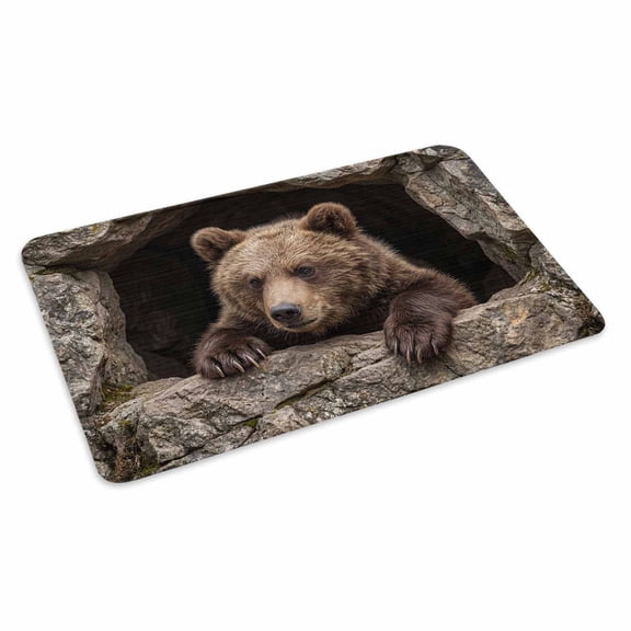 Bear Doormat Country Rustic Natural Forest Rock Cave Wild Animal Non Slip Low Profile Rubber Door Mat Washable Absorbent Indoor Front Door Mat Entryway Rug Entrance Carpet 24x36 Inch