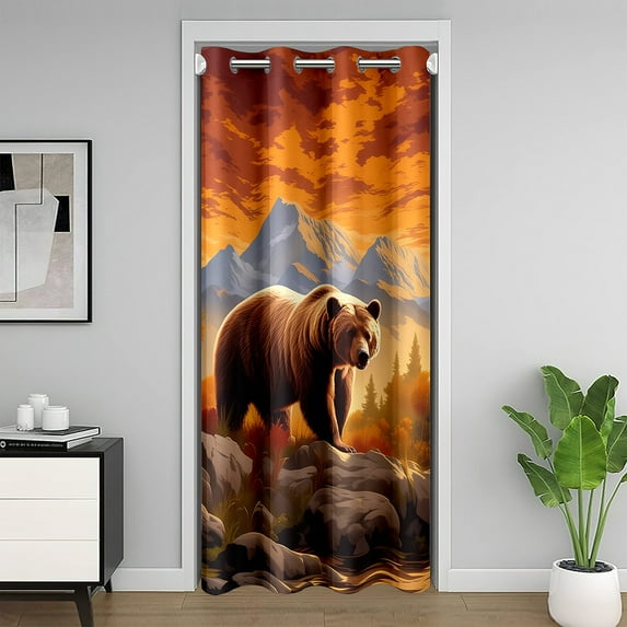 Bear Doorway Curtain Privacy,Jungle Wild Animal Hunting Adventure Blackout Curtain,Natural Orange Sky Mount Pine Trees Door Cover Curtain Artistic Decor,80"x60" 1 Panel
