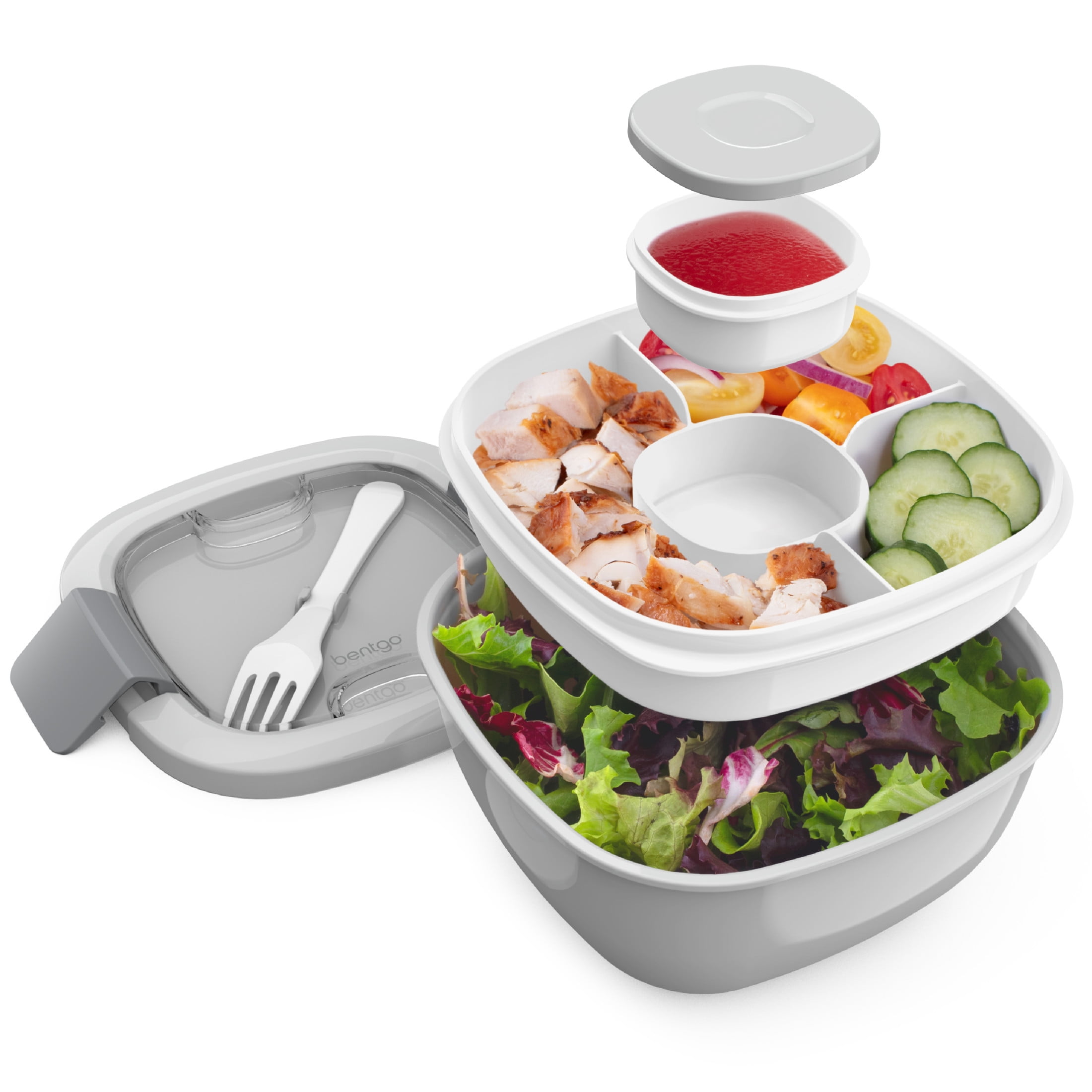 Bentgo Salad Container - 6.75 cup Bowl with 4-Compartment Toppings Tray, Leak-Proof Dressing Container, Reusable Fork, BPA-Free Lunch Box for Meal Prep & Food Storage; Removable Bento Tray (Gray)