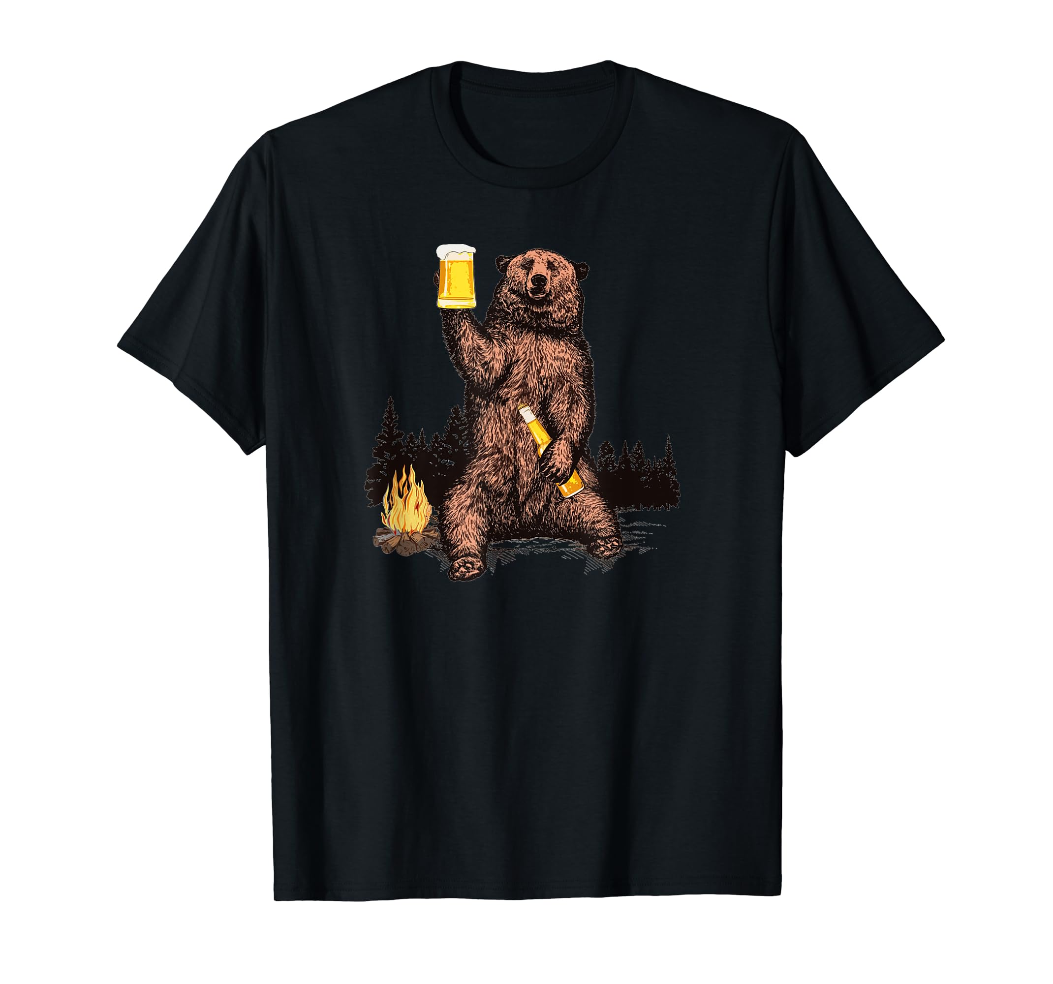 Bear Drinking Beer Camp Fire Woods Outdoor Funny Grizzly T-Shirt ...