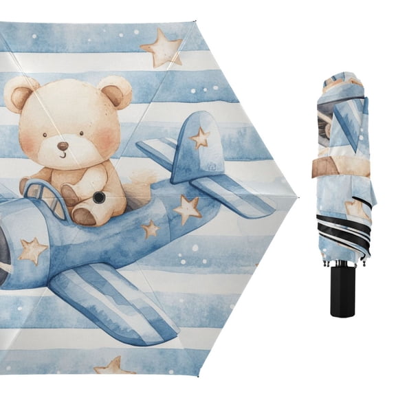 Bear Drives Planes Stars All Weather Umbrella Triple Folding Parasol 6 Ribs UV Protection Portable