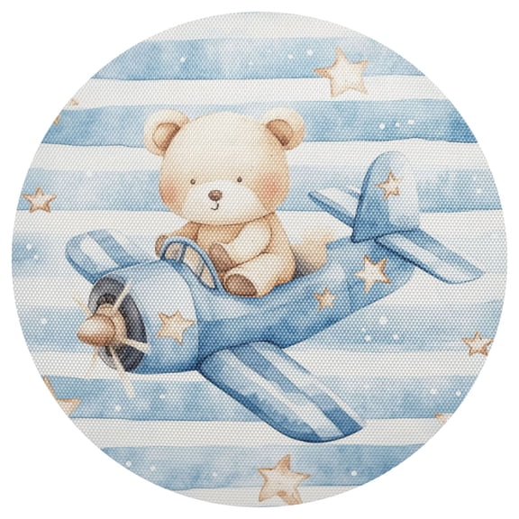 Bear Drives Planes Stars PVC Round Grid Placemat Table Mat 1 Pc 15.4" x 15.4"