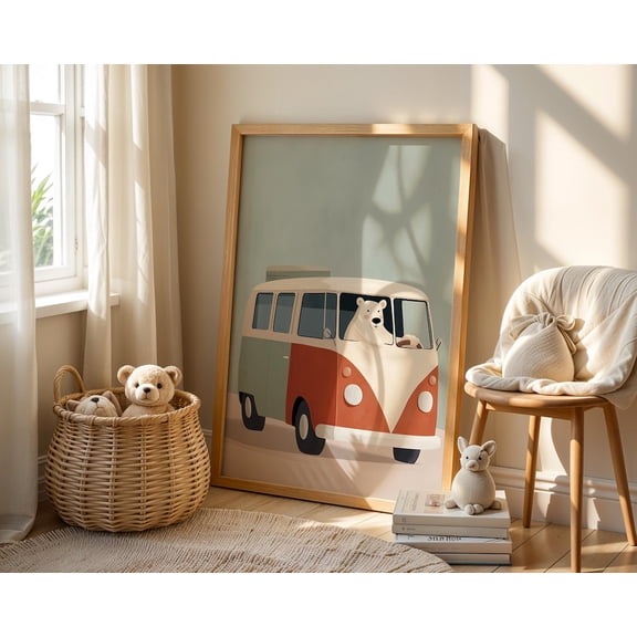 Bear Driving Camper Van Animated Dog Nursery Picture Animal Cabin Lodge Wildlife Nature Decor Wall Decor Unframed Paper Print