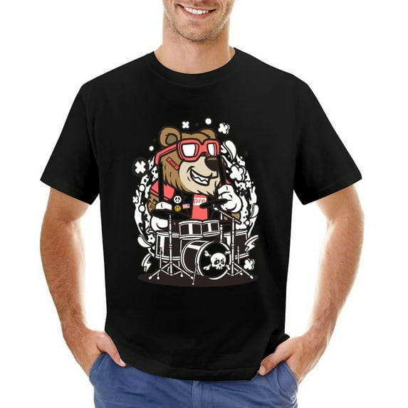 Bear Drummer Men’s T-Shirt 100% Cotton Casual Short Sleeve Tops Gift Tee Black XL